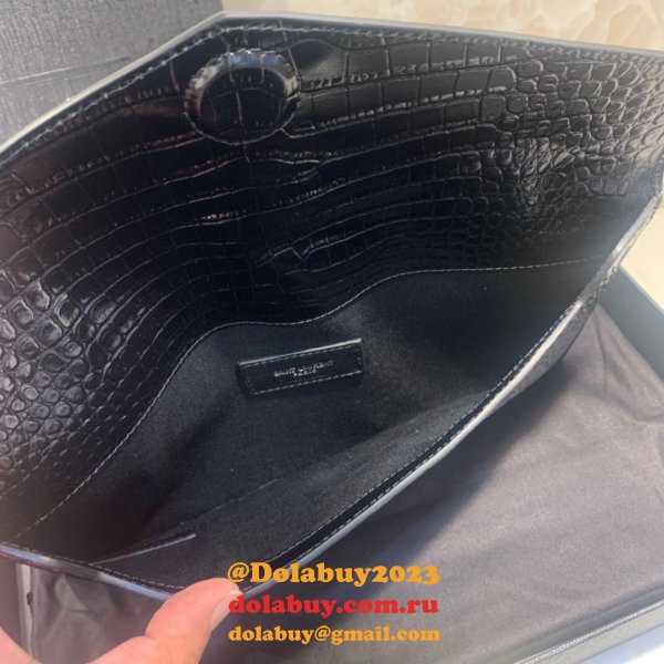 YSL Top Quality Clutch in embossed crocodile shiny black leather