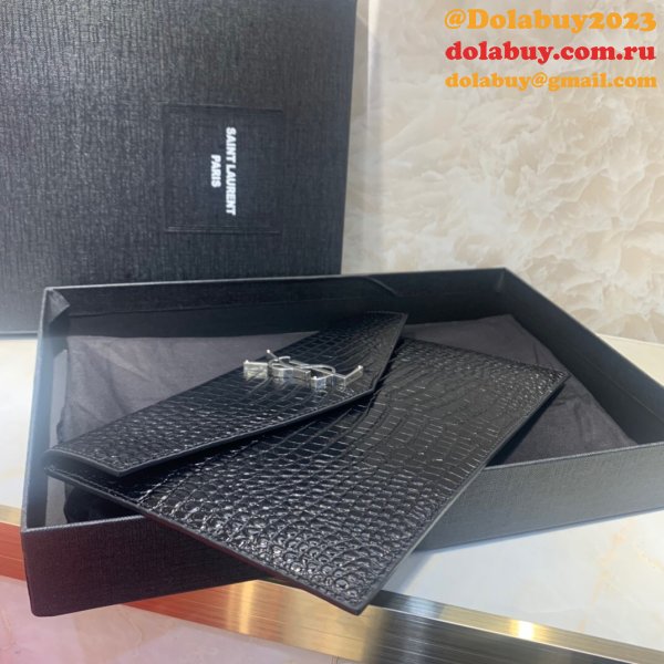 YSL Top Quality Clutch in embossed crocodile shiny black leather