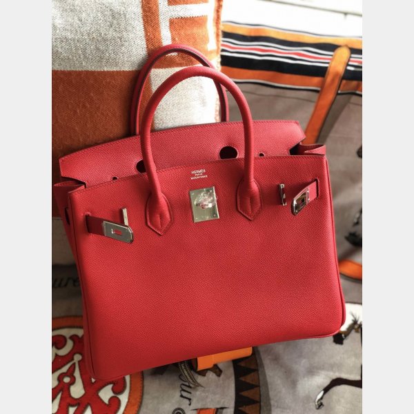 Hermes Birkin Epsom leather Handbags Red Silver