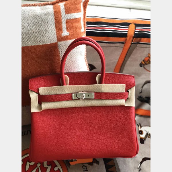 Hermes Birkin Epsom leather Handbags Red Silver